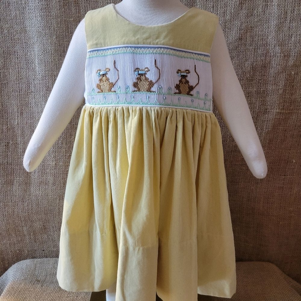 Beaux et Belles Yellow Corduroy 3 Blind Mice Smocked Dress -2